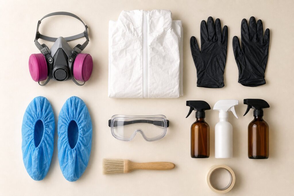 Protective equipment laid out: a half-face respirator, a folded coverall, gloves, shoe covers, goggles and cleaning agents.