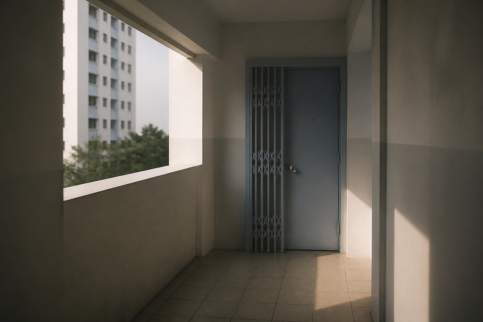 A quiet Singapore HDB corridor in late-afternoon light, a closed front door with a folding gate at the end