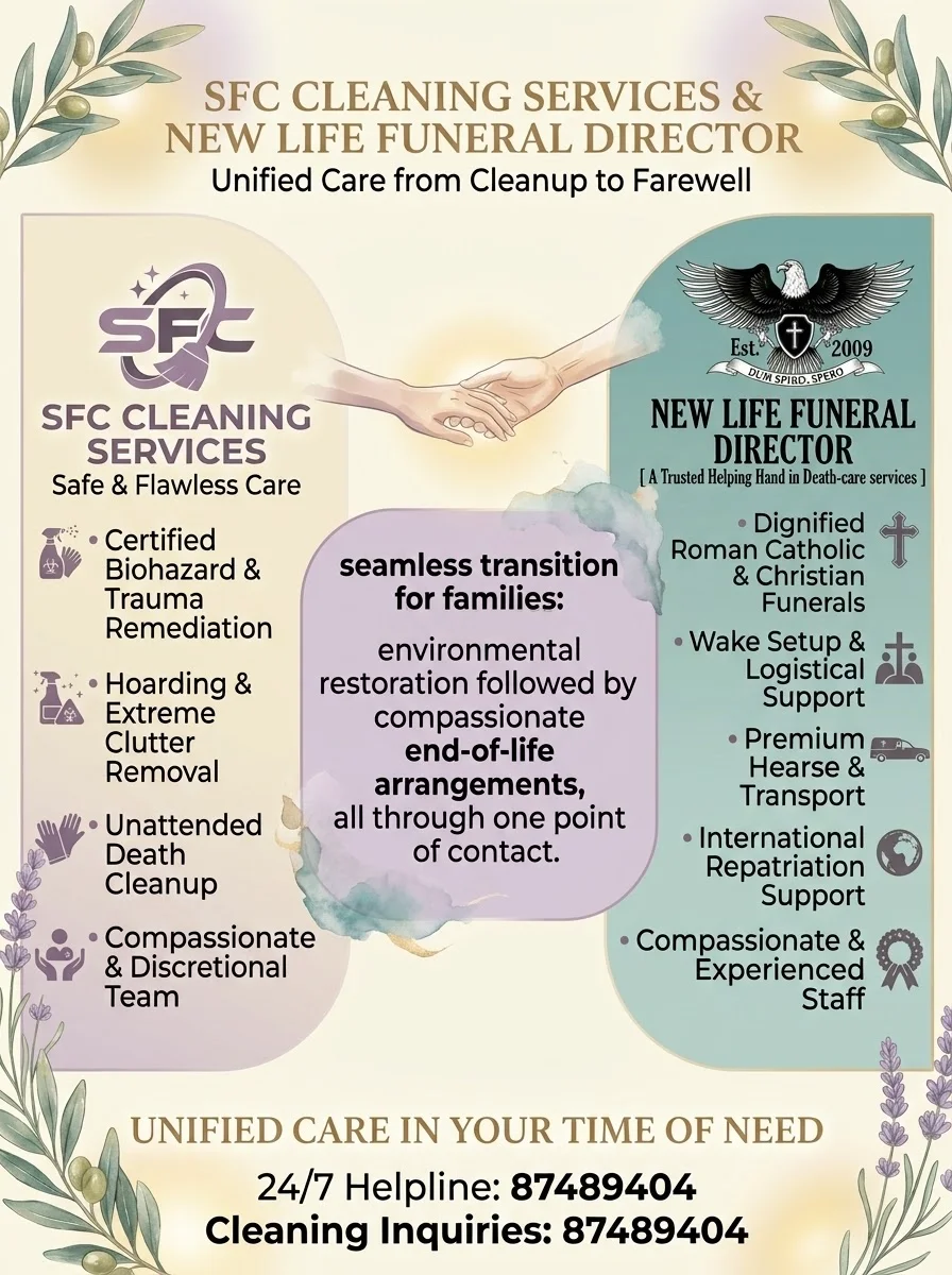 Poster for Unified Care from Cleanup to Farewell, a partnership between SFC Cleaning Services and New Life Funeral Director